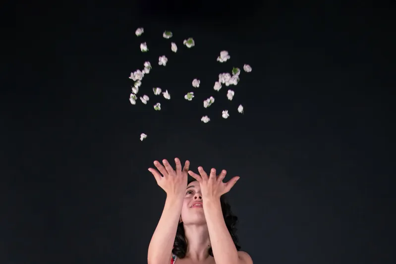 Un gesto e petali di rosa su fondo scuro