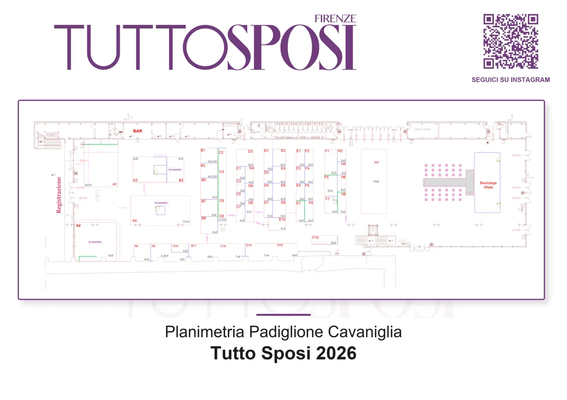 Planimetria Tutto Sposi Firenze 2026: stand, area registrazione e palco sfilate nel Padiglione Cavaniglia